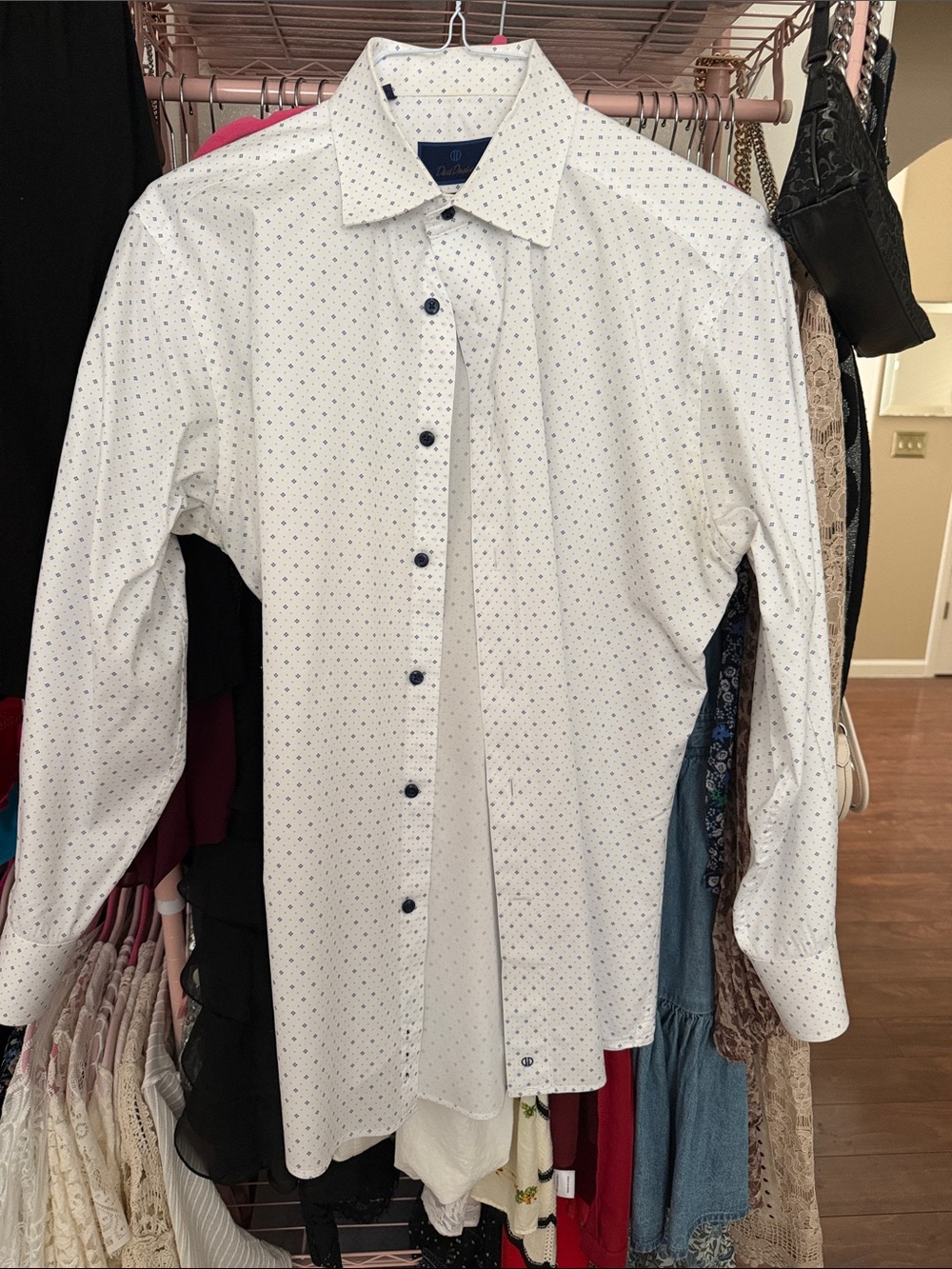 David Donahue White Dress Shirt with Navy Microdot Print Trim Fit
